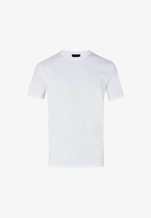 Camiseta blanca de algodón con mangas cortas, cuello redondo, textura suave y un pequeño logo en el pecho. Diseño simple y clásico.