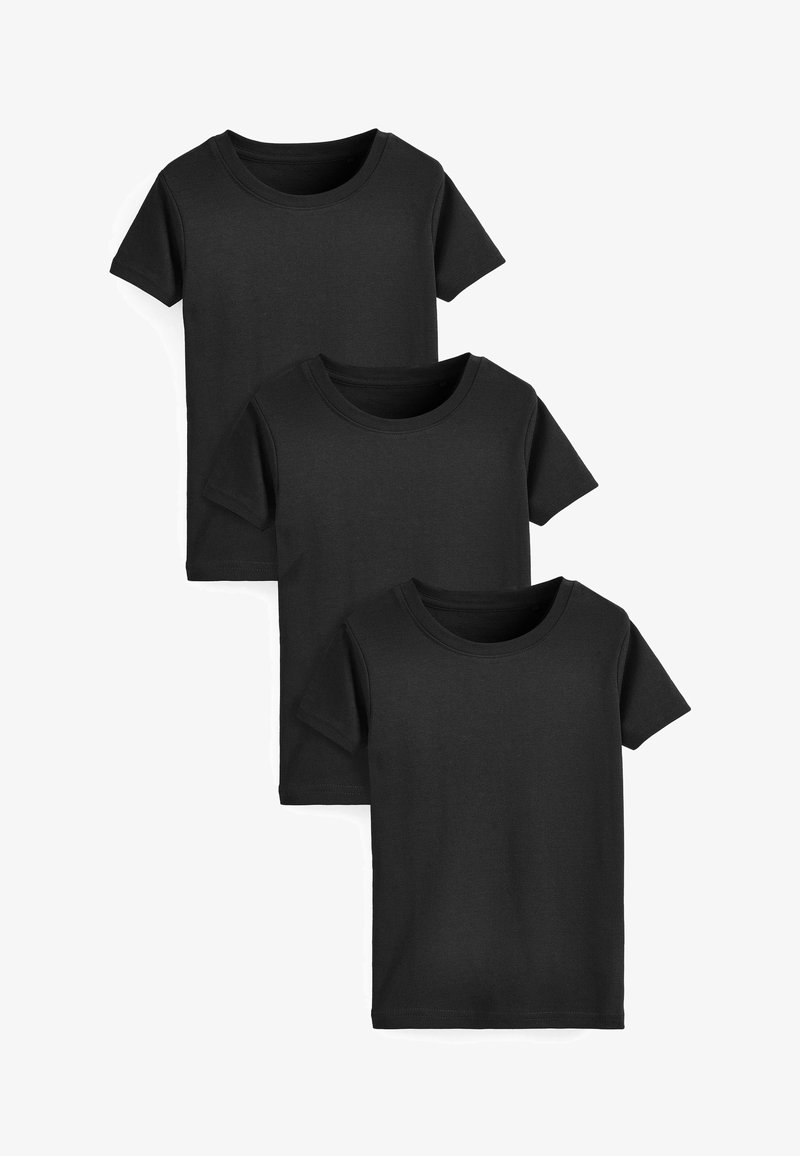 Tre sorte kortærmede t-shirts stakket. Stoffet er glat og ensfarvet, med en klassisk rund halsudskæring og ingen synlige logoer eller mønstre.
