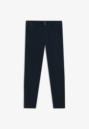 Pantaloni blu navy in cotone, con chiusura a bottone, passanti per cintura e tasche laterali. Texture liscia con una vestibilità su misura.