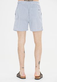 Randiga simshorts med resårmidja, sidofickor och en bakficka, med blå och vita vertikala ränder, tillverkade av lätt tyg.