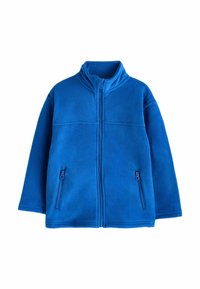 Giacca in pile blu con colletto alto, cerniera frontale e due tasche laterali con cerniera; presenta una texture liscia e una vestibilità comoda.