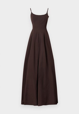 Dark brown sleeveless maxi dress with thin shoulder straps, fitted bodice, and a flared, pleated skirt.