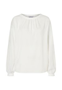 Biała bluzka z długim rękawem, okrągłym dekoltem, falbankami przy kołnierzu i mankietach oraz gładką, lekką teksturą materiału.