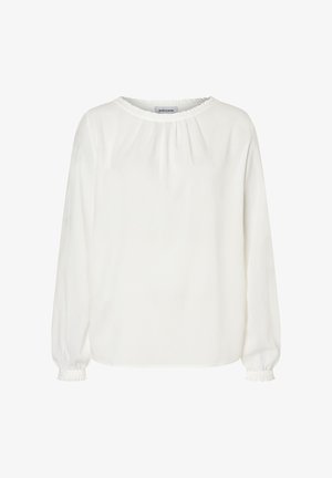 Weißes Langarmblusenshirt mit rundem Ausschnitt, Rüschendetails am Kragen und an den Manschetten sowie einer glatten, leichten Stoffstruktur.