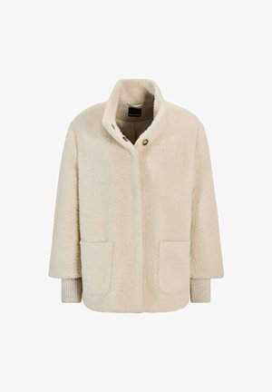 Cremfarbener Kunstpelzjacke mit hohem Kragen, zwei frontalen Taschen und gerippten Strickbündchen. Verfügt über goldfarbene Druckknöpfe.