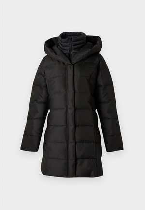 Mustapuffatakki hupulla, jossa on tikattu muotoilu, pitkät hihat ja vetoketjukiinnitys. Sujuva pinta ja viistot helmat.