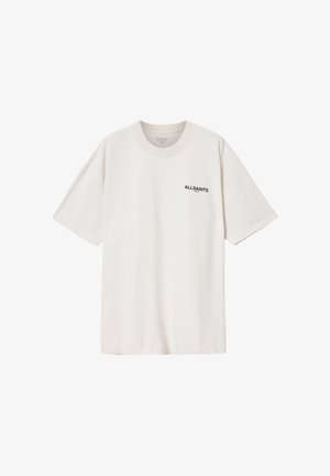 Gebroken witte T-shirt met korte mouwen, ronde hals en een klein zwart "ALLSAINTS" logo op de linkerborst.