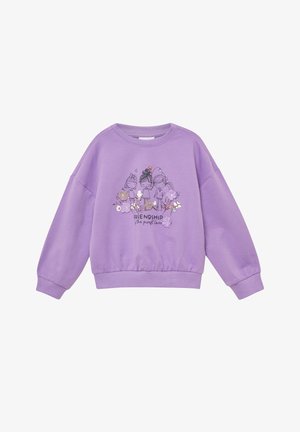 Lavendelkleurige sweatshirt met een ronde hals en lange mouwen. Bevat een grafische print van vier figuren met bloemaccenten en de tekst "VRIENDELIJKHEID."