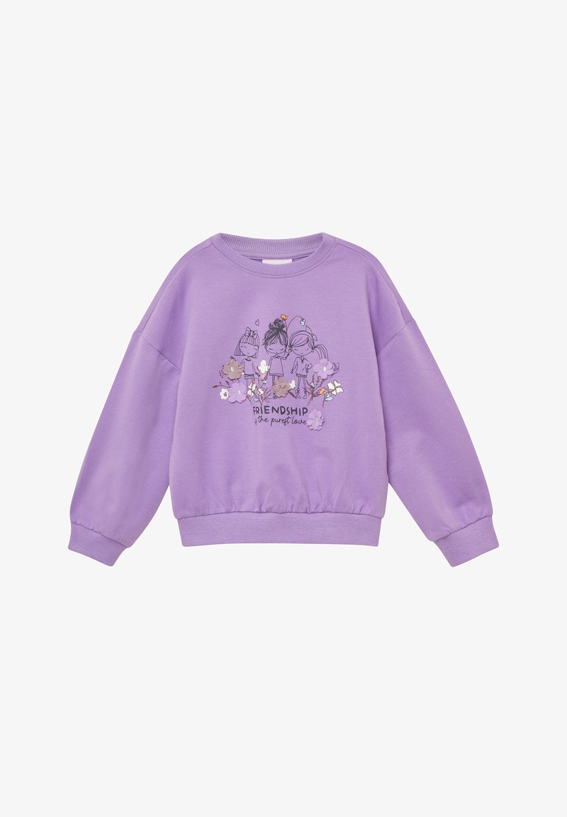 Felpa lavanda con colletto rotondo e maniche lunghe. Presenta una stampa grafica di quattro figure con accenti floreali e il testo "AMICIZIA."