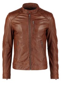 Brun läderjacka med dragkedja framtill, hög krage och quiltade axeldetaljer. Har två fickor med dragkedja framtill.