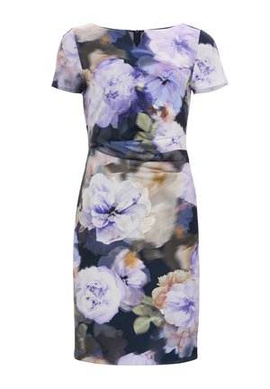 Blumenkleid mit kurzen Ärmeln, das eine Mischung aus violetten, blauen und cremefarbenen Blumen auf einem dunklen Hintergrund zeigt. Glattes Gewebe mit tailliertem Schnitt.