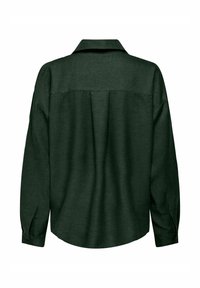 Dark green, long-sleeve shirt with a collar, featuring a back yoke seam and buttoned cuff detailing. Textured fabric with a smooth finish.