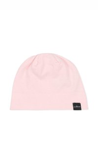 Cappello a berretto lavorato a maglia di colore rosa, realizzato in tessuto morbido, con una parte superiore arrotondata, texture arricciata e una piccola etichetta nera con la scritta "RICHMOND".