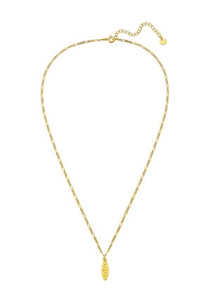 Goldkette mit einer zarten Gliederkette und einem blattförmigen Pendant mit einem wellenförmigen Design. Verstellbare Kettenverschluss für die Anpassung der Länge.