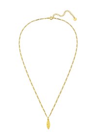 Zelta kaklarota ar delikātu ķēdes posmu un lapu formas kulonu ar viļņainu dizainu. Regulējama ķēde ar aizdari, lai pielāgotu garumu.