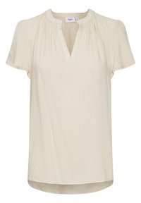 Kortärmad blus i krämfärg med placketkrage, veckdetaljer och texturerat mönster. Mjuk stuv med avslappnad passform.