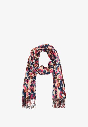 Bufanda multicolor con un patrón floral sobre fondo crema. Hecha de un material suave con extremos en flecos para añadir textura.