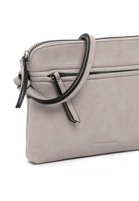 Gray vegan leather clutch bag with a textured finish, a black zipper, a detachable strap, and two external zippered pockets.