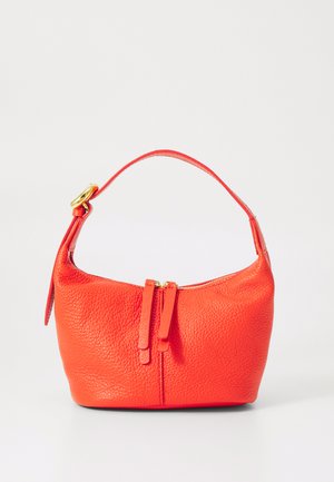 Structured handbag in vibrant orange leather with a textured finish, featuring a short handle and a zipper closure with decorative accents.
