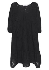 Robe en coton noir avec un décolleté en V, des manches trois-quarts, une jupe à volants et des détails en œillets tout au long.