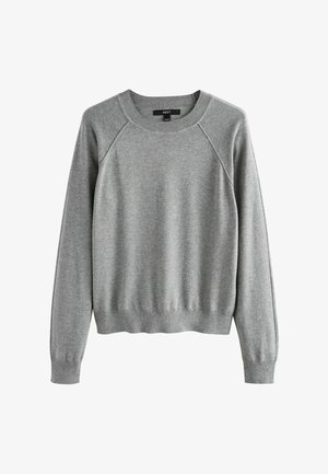 Pull gris avec un col rond, des manches raglan et des poignets côtelés. Fabriqué à partir d'un tissu doux au toucher lisse.