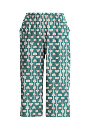 Green wide-leg pants with elastic waistband, featuring a repeating pattern of vertical lines and pink flower shapes.