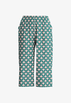 Green wide-leg pants with elastic waistband, featuring a repeating pattern of vertical lines and pink flower shapes.