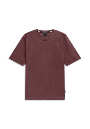 Schlichtes Kurzarm-T-Shirt mit Rundhalsausschnitt in einem einheitlichen dunklen Braunton mit kleinem Logo auf der Brust und einem Etikett an der Seitennaht.