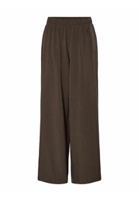 Bruine, wijde broek vervaardigd uit lichtgewicht stof met een elastische tailleband. Heeft subtiele verticale strepen voor extra textuur.