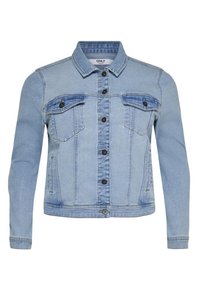 Vaaleansininen farkkutakki, jossa on pitkät hihat, napitettava etuosa, kaksi rintataskua ja klassinen kaulus. Sisältää kontrastiväriset tikkausompelut ja mustat napit.