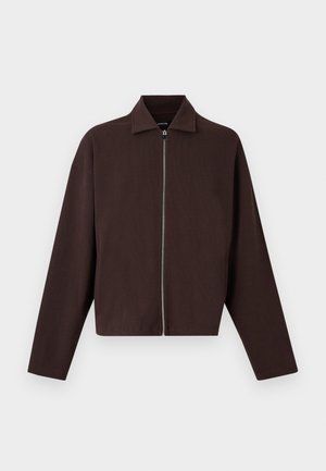 Dark brown long-sleeve zip-up jacket with a pointed collar, displayed on a plain light background.
