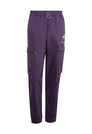 Lila Cargo-Hosen aus leichtem Stoff. Mit elastischem Bund, Kordelzug und zwei seitlichen Cargo-Taschen. Einfaches Design mit Branding-Details.
