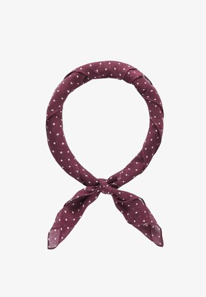 Burgundin huivi, jossa on valkoisia pisteitä, valmistettu kevyestä kankaasta. Ominaisuuksiin kuuluu kiedottu muotoilu ja solmittu yksityiskohta pohjassa.