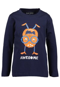 Marineblaue Langarmbluse mit einem Design eines orangefarbenen Cartoon-Monsters mit Brille und dem Text "AWESOME" in weißen, strukturierten Buchstaben.