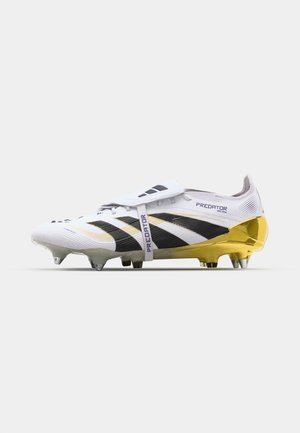 White soccer cleat with black and gold accents, featuring a textured upper, a sleek design, and distinctive Predator branding on the side.