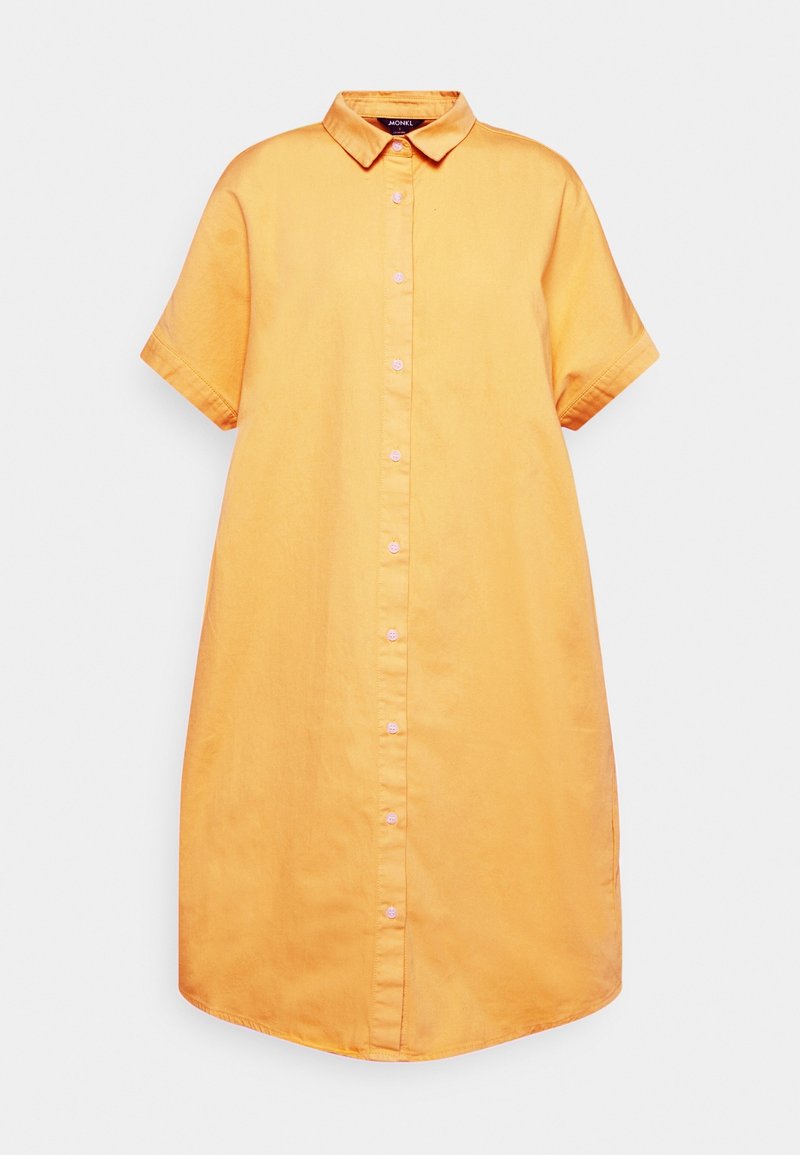Robe-chemise à manches courtes boutonnée orange vif avec un col pointu et une coupe ample.