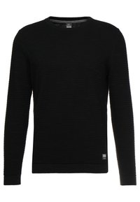 Černý svetr s dlouhým rukávem, s texturovaným pleteným vzorem, kulatým výstřihem a ribkovaným lemem. Obsahuje malou značkovou etiketu na spodní části.