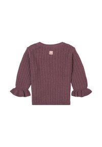 Pull en maille de couleur mauve avec texture côtelée, manches évasées et une petite étiquette de marque au dos. Design léger et décontracté.