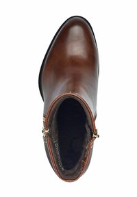 Bottine en cuir marron avec une finition lisse, bout rond, accents en métal doré et doublure en fourrure douce à l'ouverture.