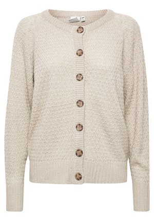 Cardigan in maglia beige con scollatura rotonda, chiusura frontale a bottoni e motivo testurizzato. Presenta polsini e orlo a coste, con bottoni marroni.