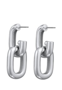 Ohrringe aus silberfarbigem Metall mit miteinander verbundenem Kettendesign, glänzender Oberfläche und einem Standard-Ohrstecker für sicheren Sitz.