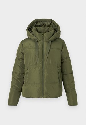 Olive green puffer jacket with attached hood, front zipper, drawstring cords, and zippered side pockets, designed for cold weather.