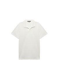 Biała koszulka polo z krótkim rękawem, wykonana z miękkiego materiału, z klasycznym kołnierzykiem i zapięciem na trzy guziki. Prosty design, bez wzorów.