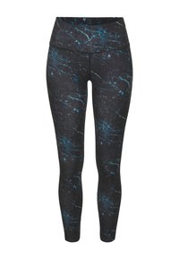 High-waisted leggings in black fabric with a blue marble pattern, featuring a smooth texture and a snug fit for comfort during activities.