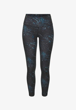 Hochtaillierte Leggings aus schwarzem Stoff mit blauem Marmor-Muster, die eine glatte Textur und eine enganliegende Passform für Komfort bei Aktivitäten bieten.