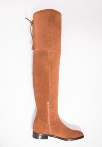 Botas de ante marrón hasta la rodilla con suela plana, detalle de cremallera lateral y acento de cordón fruncido en la parte superior. Textura suave en toda la bota.