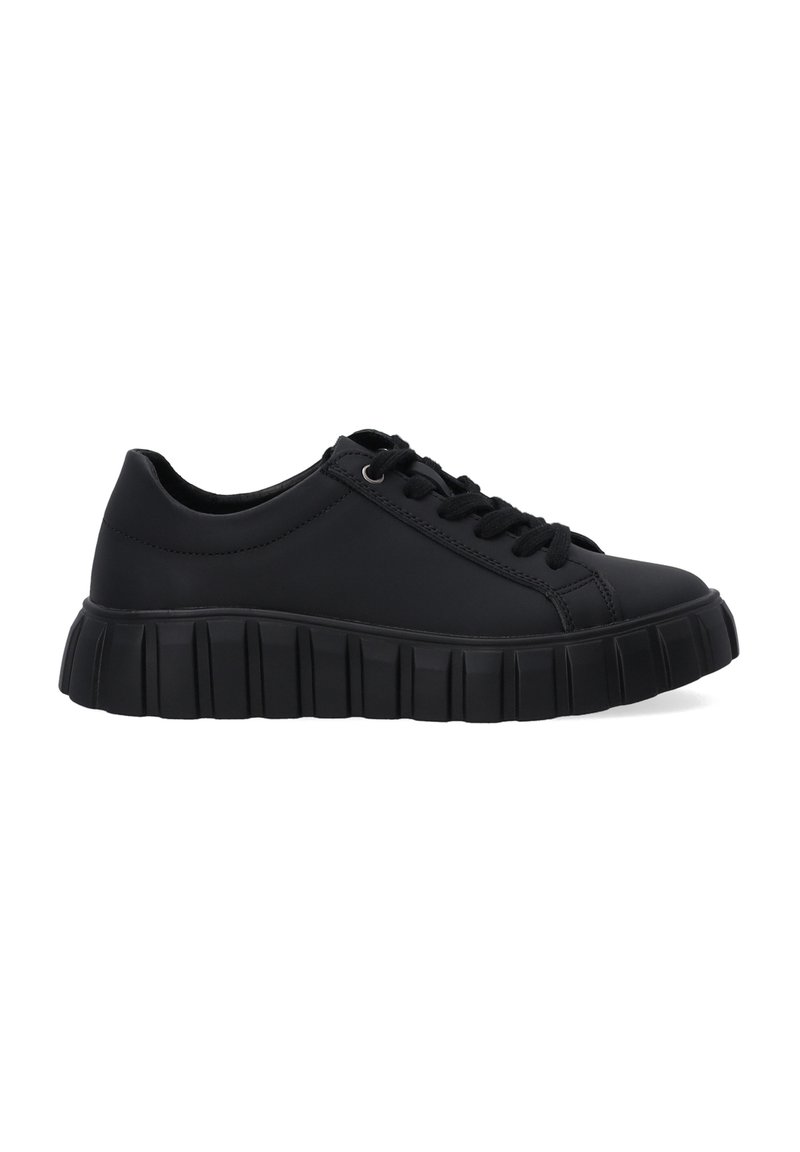 Schwarze Sneaker mit glattem Obermaterial, runder Zehenpartie, dickem, strukturiertem Sohlenrand und Schnürsenkeln. Hergestellt aus synthetischen Materialien und im minimalistischen Design.