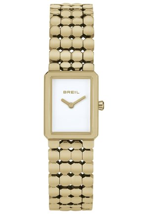 Guldmetallur med en rektangulær hvid urskive, sekskantet lenkebånd og et minimalistisk design. Har mærket "BREIL" i guld.