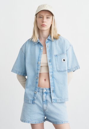 Νεαρό άτομο με μακριά ξανθά μαλλιά φοράει μπεζ καπέλο, κοντό μπεζ τοπ, ανοιχτό μπλε denim πουκάμισο με κοντά μανίκια και τζιν σορτς στο ίδιο χρώμα.