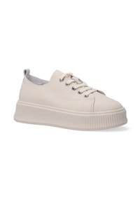 Cremefarbene Sneaker mit glattem Synthetik-Obermaterial, runder Zehenpartie, Schnürung vorne und einer dicken, geriffelten Sohle für zusätzliche Höhe.